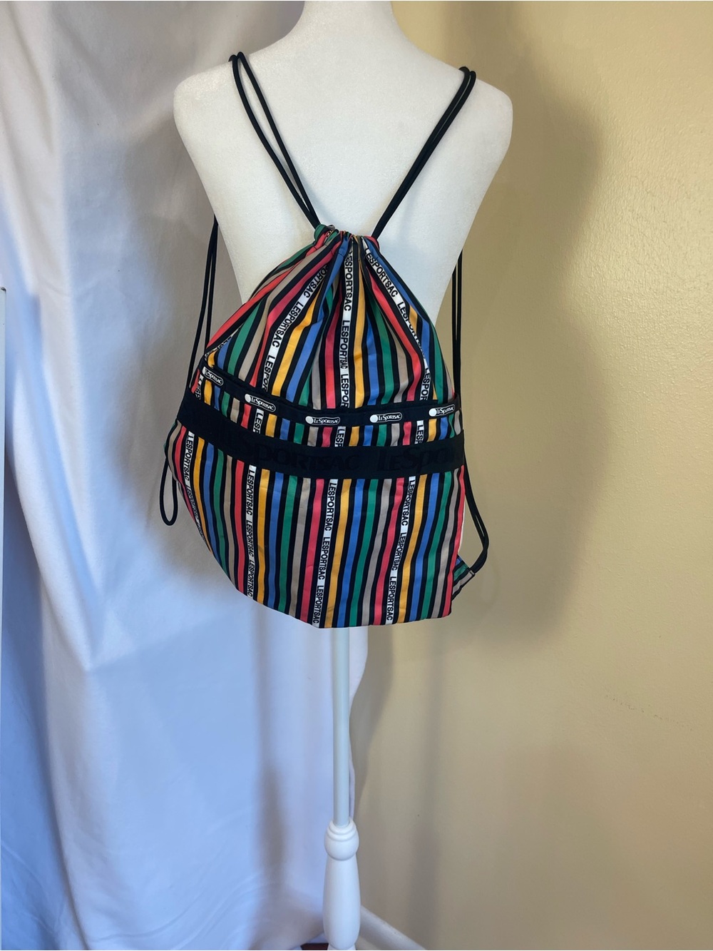 LeSportsac Multicolor Stripe Drawstring Backpack Large Logo Cinch Bag Y2K Retro